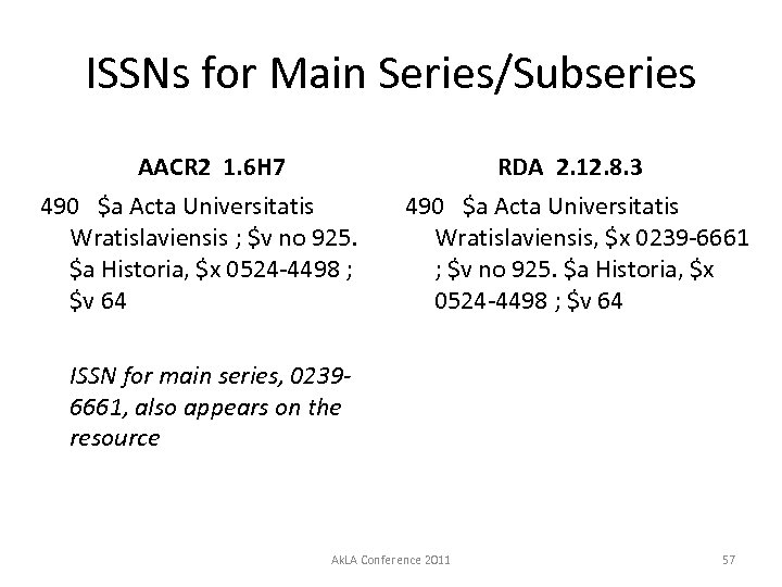 ISSNs for Main Series/Subseries AACR 2 1. 6 H 7 RDA 2. 12. 8.