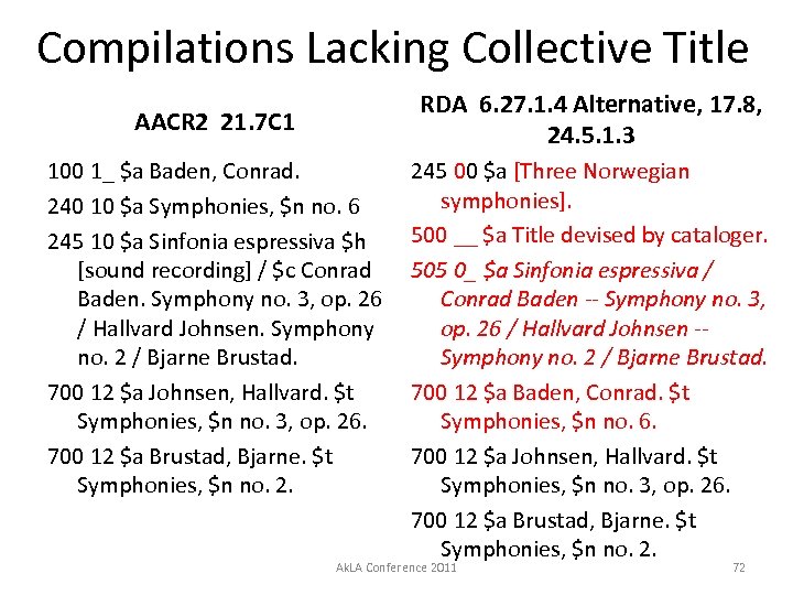 Compilations Lacking Collective Title RDA 6. 27. 1. 4 Alternative, 17. 8, 24. 5.