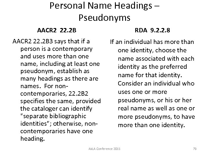 Personal Name Headings – Pseudonyms AACR 2 22. 2 B RDA 9. 2. 2.