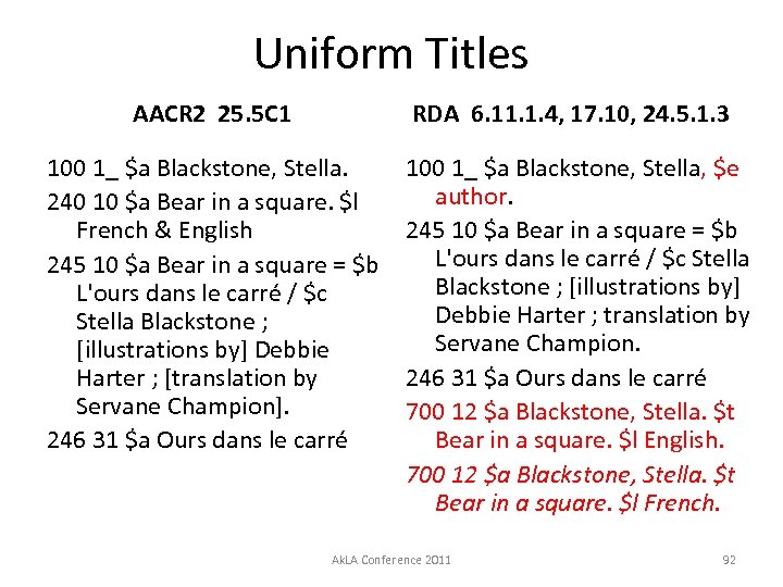 Uniform Titles AACR 2 25. 5 C 1 RDA 6. 11. 1. 4, 17.