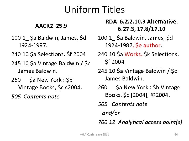 Uniform Titles RDA 6. 2. 2. 10. 3 Alternative, AACR 2 25. 9 6.