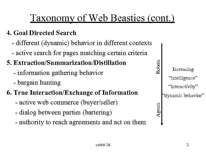 cs 466 -26 Increasing “intelligence” “interactivity” “dynamic behavior” Agents 4. Goal Directed Search -