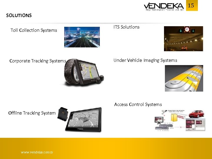 15 SOLUTIONS Toll Collection Systems Corporate Tracking Systems ITS Solutions Under Vehicle Imaging Systems