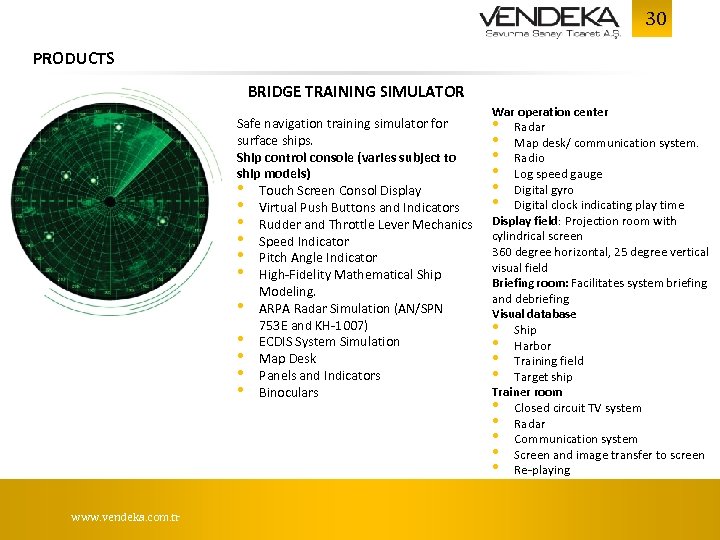 30 PRODUCTS BRIDGE TRAINING SIMULATOR Safe navigation training simulator for surface ships. Ship control
