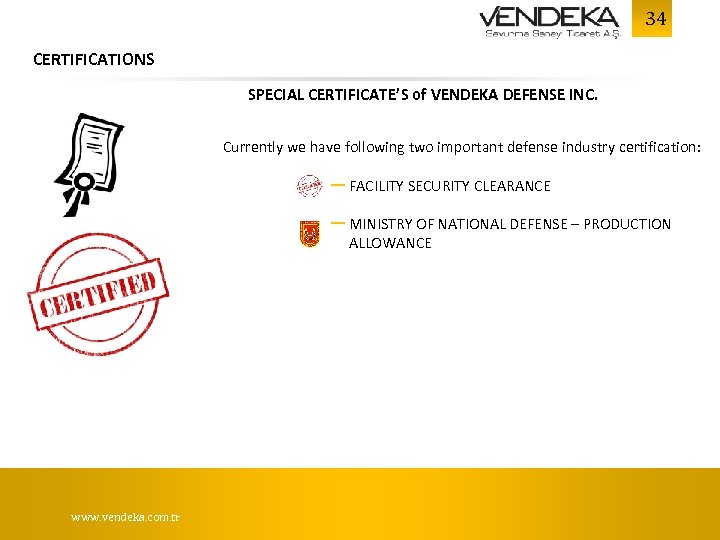 34 CERTIFICATIONS SPECIAL CERTIFICATE’S of VENDEKA DEFENSE INC. Currently we have following two important