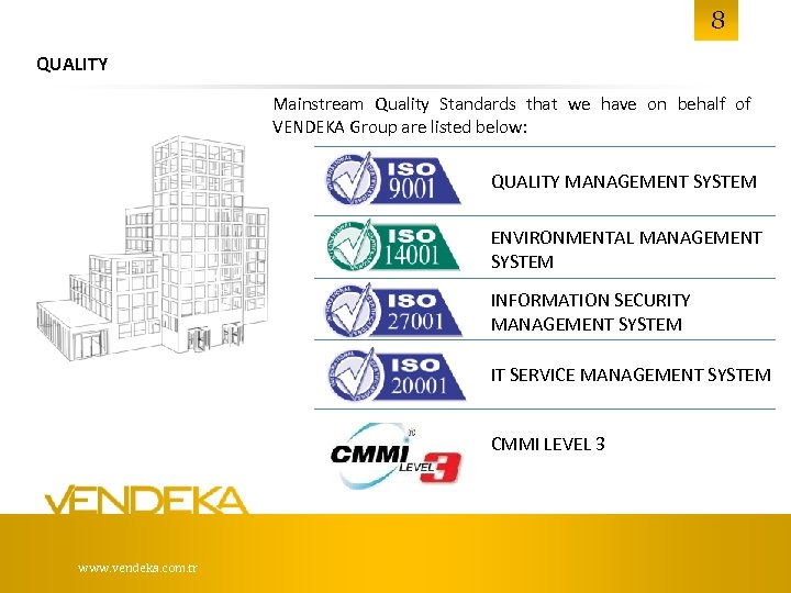 8 QUALITY Mainstream Quality Standards that we have on behalf of VENDEKA Group are