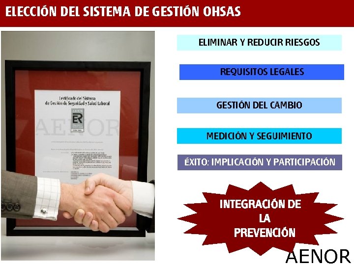ELECCIÓN DEL SISTEMA DE GESTIÓN OHSAS ELIMINAR Y REDUCIR RIESGOS REQUISITOS LEGALES GESTIÓN DEL