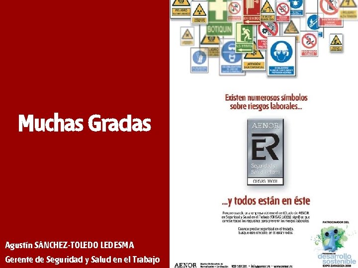 Muchas Gracias Agustín SÁNCHEZ-TOLEDO LEDESMA Gerente de Seguridad y Salud en el Trabajo AENOR