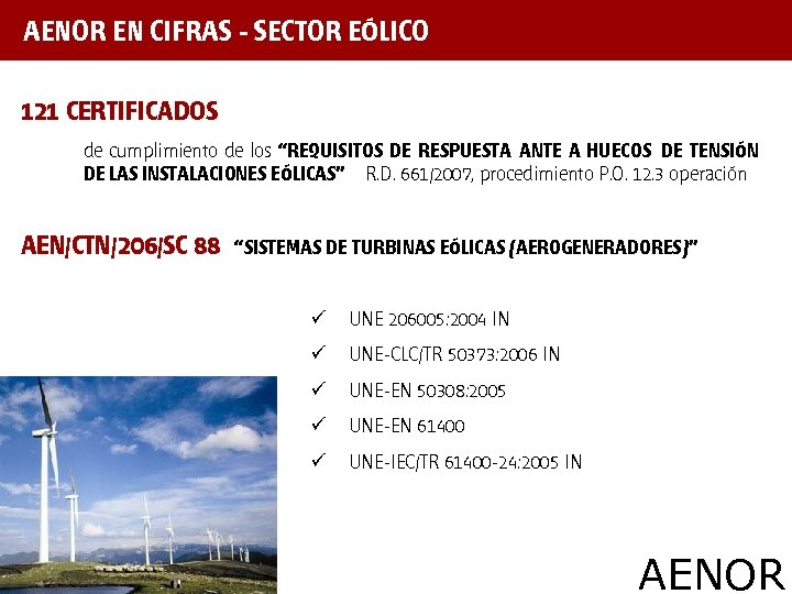 AENOR EN CIFRAS - SECTOR EÓLICO 121 CERTIFICADOS de cumplimiento de los “REQUISITOS DE