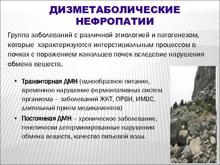 ДИЗМЕТАБОЛИЧЕСКИЕ НЕФРОПАТИИ Группа заболеваний с различной этиологией и патогенезом, которые характеризуются интерстициальным процессом в