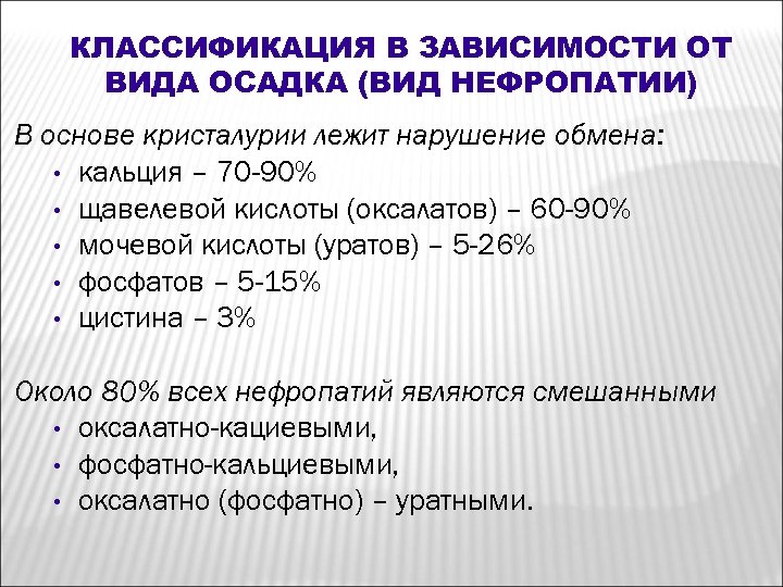КЛАССИФИКАЦИЯ В ЗАВИСИМОСТИ ОТ ВИДА ОСАДКА (ВИД НЕФРОПАТИИ) В основе кристалурии лежит нарушение обмена:
