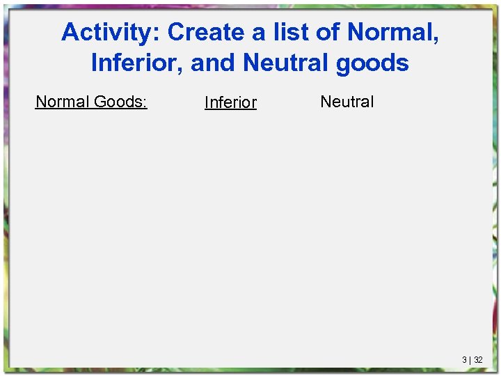 Activity: Create a list of Normal, Inferior, and Neutral goods Normal Goods: Inferior Neutral