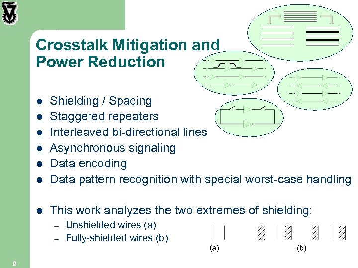 Crosstalk Mitigation and Power Reduction l Shielding / Spacing Staggered repeaters Interleaved bi-directional lines