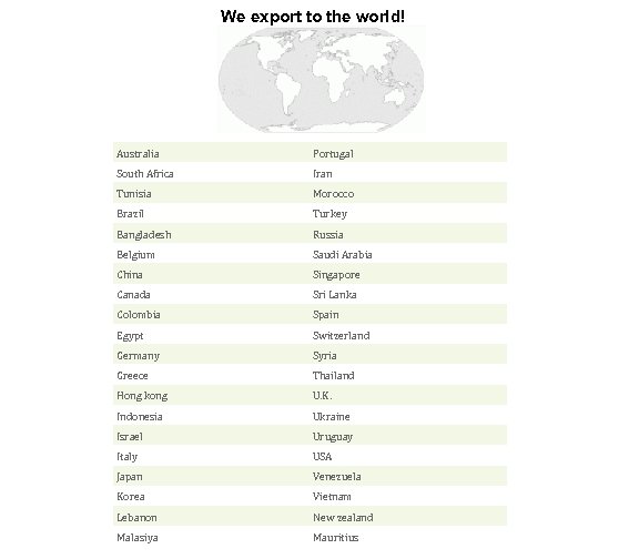 We export to the world! Australia Portugal South Africa Iran Tunisia Morocco Brazil Turkey