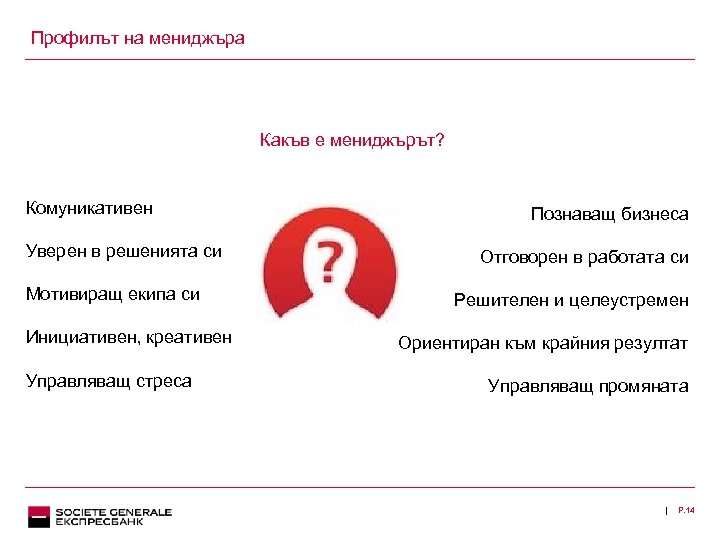 Профилът на мениджъра Какъв е мениджърът? Комуникативен Уверен в решенията си Мотивиращ екипа си