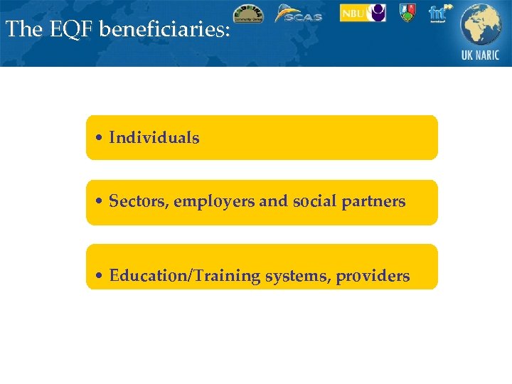 The EQF beneficiaries: • Individuals • Sectors, employers and social partners • Education/Training systems,
