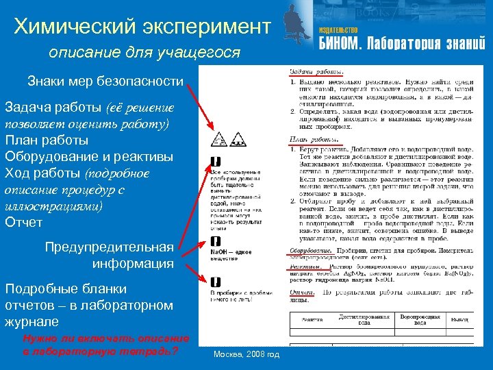 Химический эксперимент описание для учащегося Знаки мер безопасности Задача работы (её решение позволяет оценить