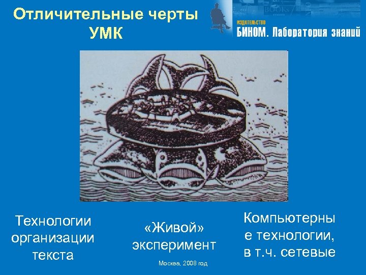 Отличительные черты УМК Технологии организации текста «Живой» эксперимент Москва, 2008 год Компьютерны е технологии,