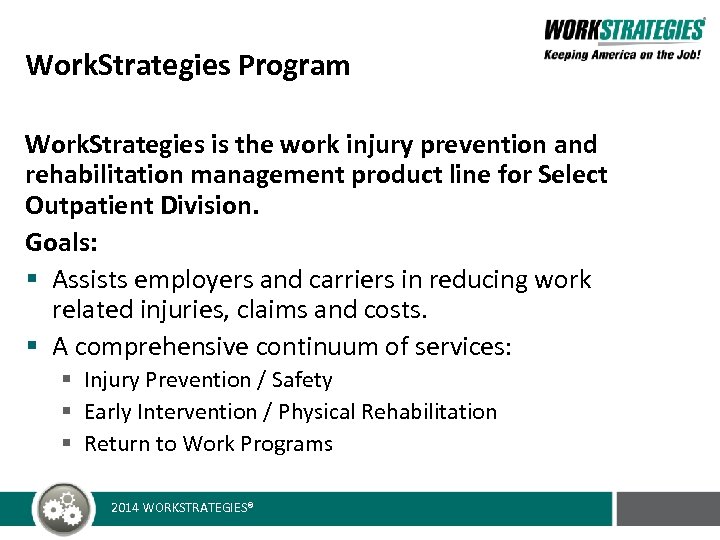 Work. Strategies Program Work. Strategies is the work injury prevention and rehabilitation management product