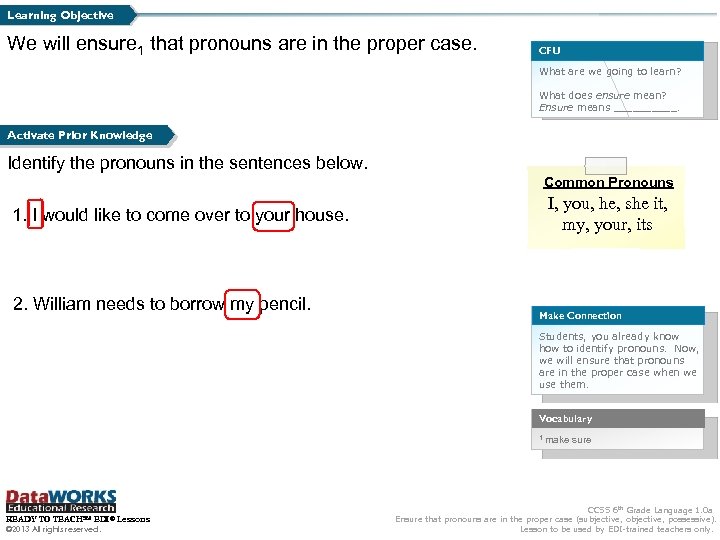 Learning Objective We will ensure 1 that pronouns are in the proper case. CFU