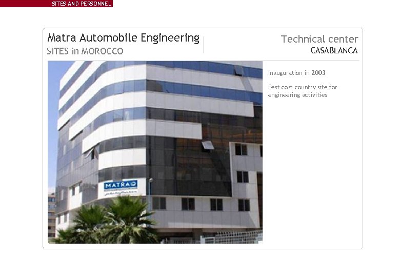 SITES AND PERSONNEL Matra Automobile Engineering SITES in MOROCCO Technical center CASABLANCA Inauguration in