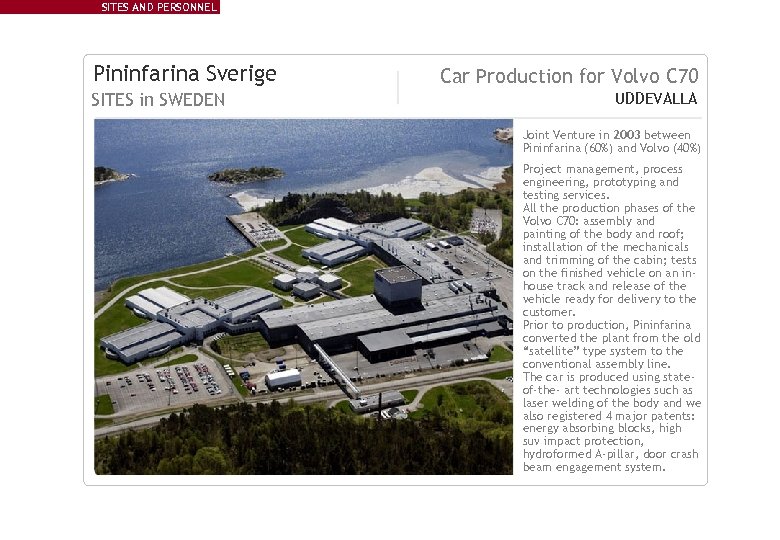 SITES AND PERSONNEL Pininfarina Sverige SITES in SWEDEN Car Production for Volvo C 70