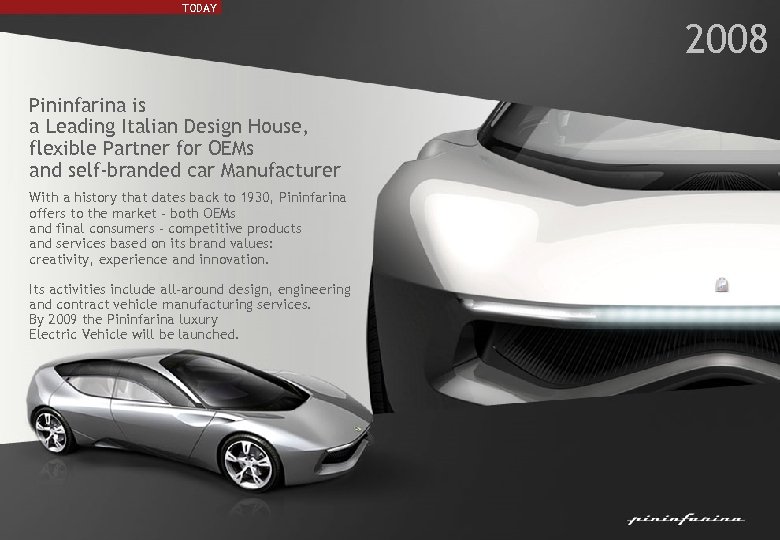 TODAY 2008 Pininfarina is a Leading Italian Design House, flexible Partner for OEMs and