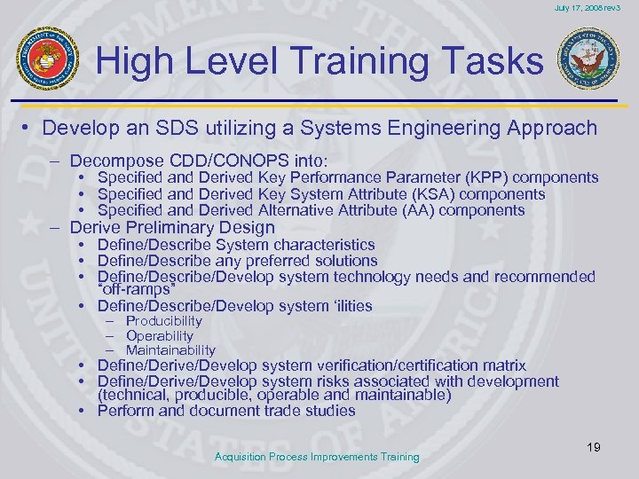July 17, 2008 rev 3 High Level Training Tasks • Develop an SDS utilizing