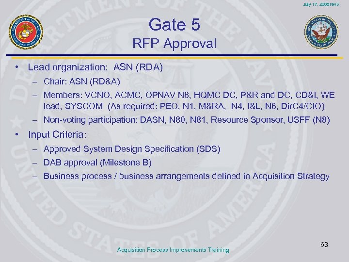 July 17, 2008 rev 3 Gate 5 RFP Approval • Lead organization: ASN (RDA)