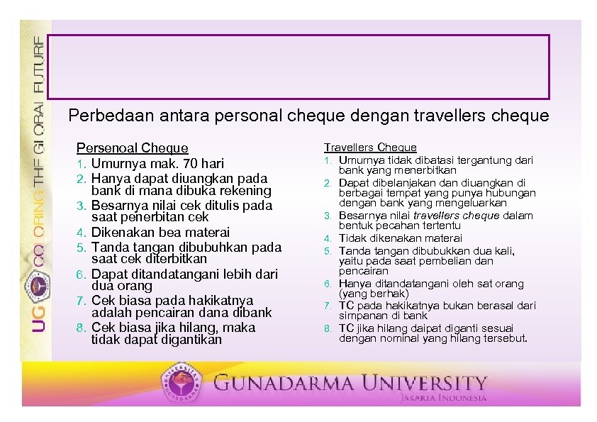 Perbedaan antara personal cheque dengan travellers cheque Persenoal Cheque 1. Umurnya mak. 70 hari