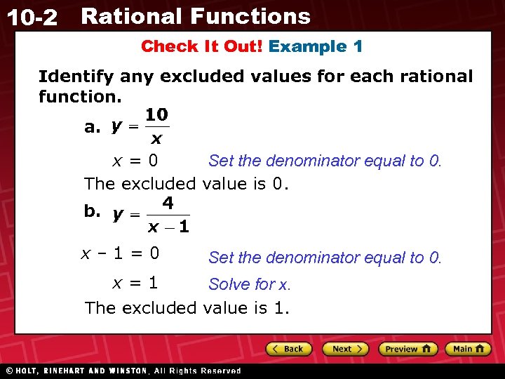 10 -2 Rational Functions Check It Out! Example 1 Identify any excluded values for