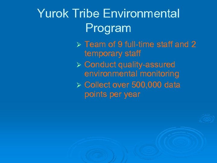Yurok Tribe Environmental Program Team of 9 full-time staff and 2 temporary staff Ø