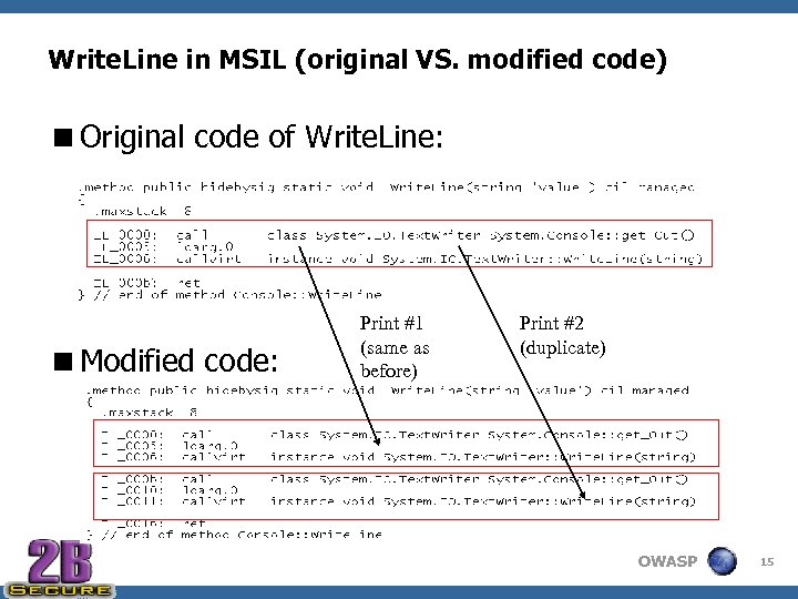 Write. Line in MSIL (original VS. modified code) <Original code of Write. Line: <Modified