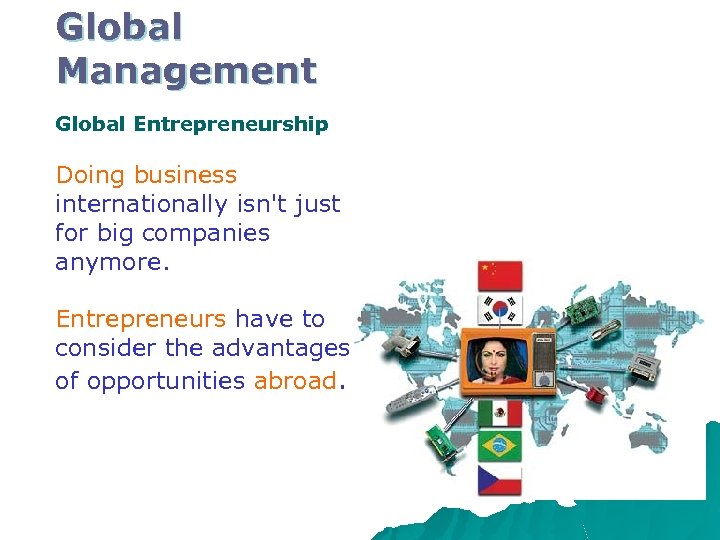 Global Management Global Entrepreneurship Doing business internationally isn't just for big companies anymore. Entrepreneurs