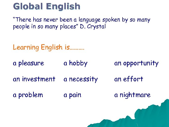 Global English “There has never been a language spoken by so many people in