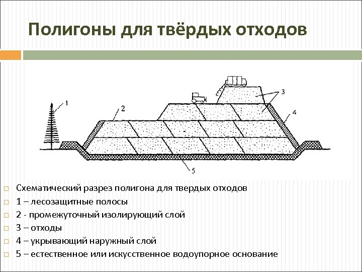 Полигоны для твёрдых отходов Схематический разрез полигона для твердых отходов 1 – лесозащитные полосы