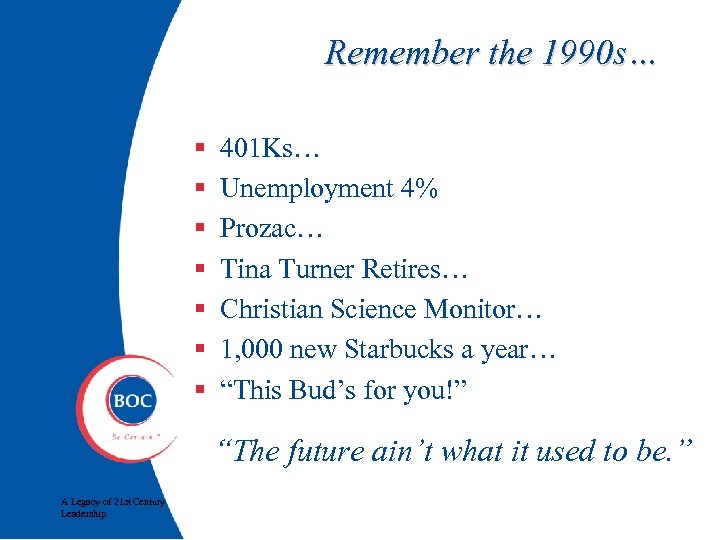 Remember the 1990 s… § § § § 401 Ks… Unemployment 4% Prozac… Tina