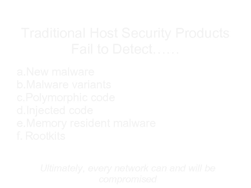 Traditional Host Security Products Fail to Detect…… a. New malware b. Malware variants c.