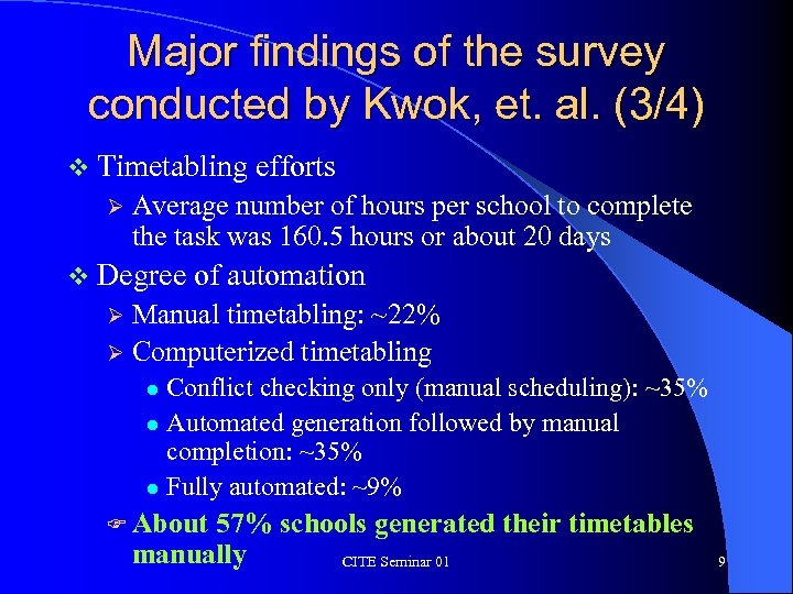Major findings of the survey conducted by Kwok, et. al. (3/4) v Timetabling Ø