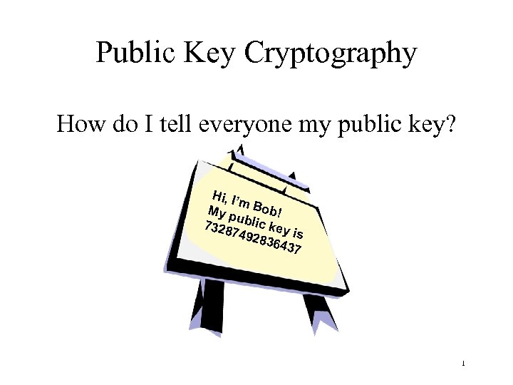 Public Key Cryptography How do I tell everyone my public key? Hi, I’ m