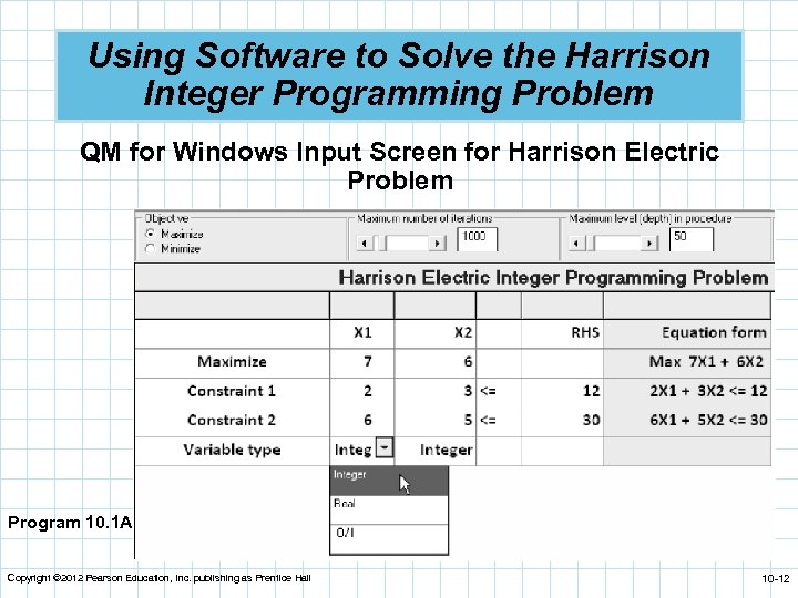 Using Software to Solve the Harrison Integer Programming Problem QM for Windows Input Screen