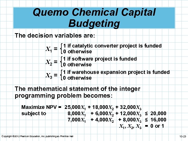 Quemo Chemical Capital Budgeting The decision variables are: 1 if catalytic converter project is