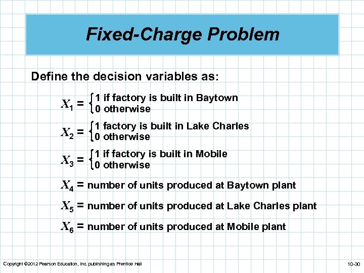 Fixed-Charge Problem Define the decision variables as: X 1 = 1 if factory is