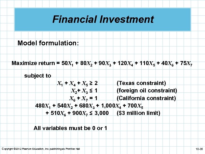 Financial Investment Model formulation: Maximize return = 50 X 1 + 80 X 2