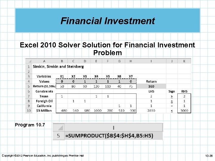 Financial Investment Excel 2010 Solver Solution for Financial Investment Problem Program 10. 7 Copyright