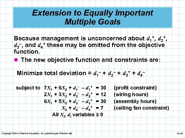 Extension to Equally Important Multiple Goals Because management is unconcerned about d 1+, d