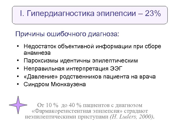 I. Гипердиагностика эпилепсии – 23% Причины ошибочного диагноза: • Недостаток объективной информации при сборе