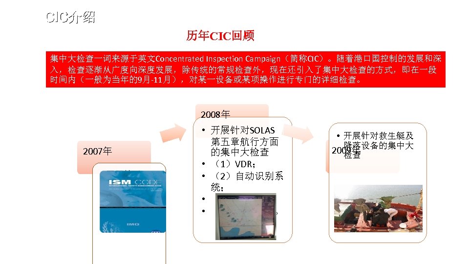 CIC介绍 历年CIC回顾 集中大检查一词来源于英文Concentrated Inspection Campaign（简称CIC）。随着港口国控制的发展和深 入，检查逐渐从广度向深度发展，除传统的常规检查外，现在还引入了集中大检查的方式，即在一段 时间内（一般为当年的9月-11月），对某一设备或某项操作进行专门的详细检查。 2008年 2007年 • 开展针对ISM 的集中大检 查 •