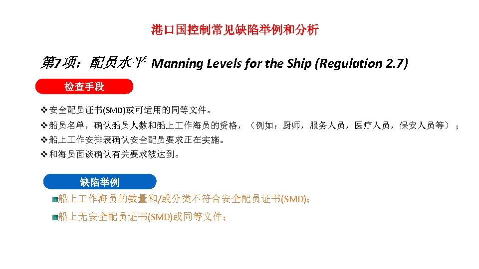 港口国控制常见缺陷举例和分析 第 7项：配员水平 Manning Levels for the Ship (Regulation 2. 7) 检查手段 v 安全配员证书(SMD)或可适用的同等文件。
