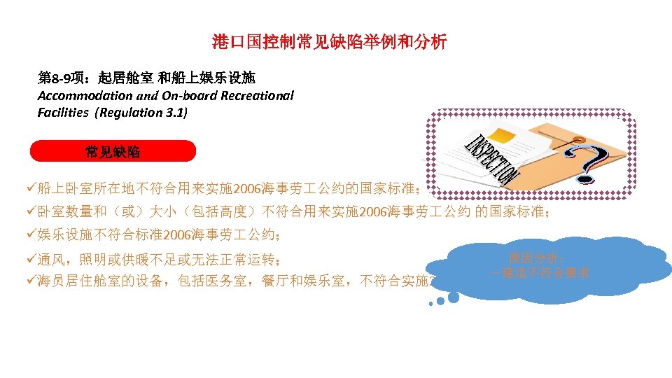 港口国控制常见缺陷举例和分析 第 8 -9项：起居舱室 和船上娱乐设施 Accommodation and On-board Recreational Facilities (Regulation 3. 1) 常见缺陷